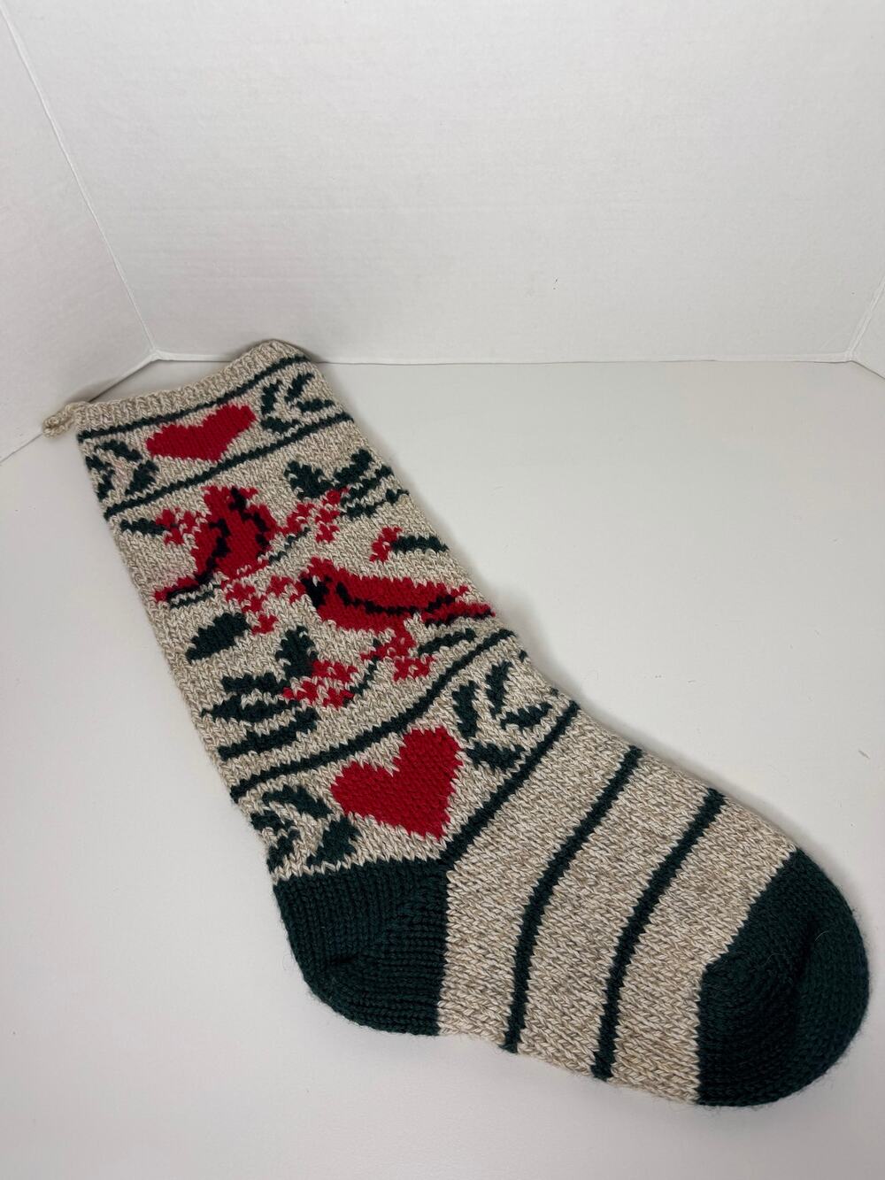 Vintage Norse Ridge Scandinavian Knit Christmas Stocking Red Cardinals Cotton